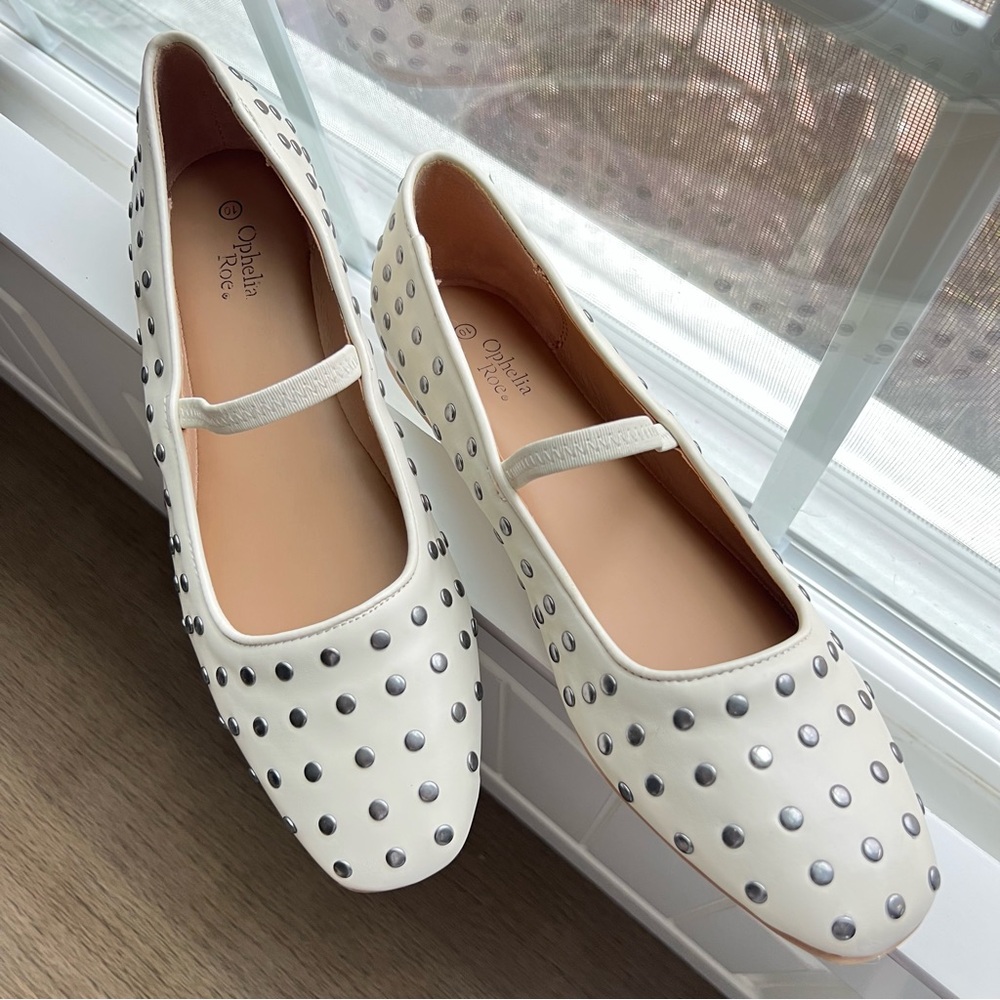Ophelia Roe Studded White Feminine Square Toe Mary Jane Ballet Flats 10